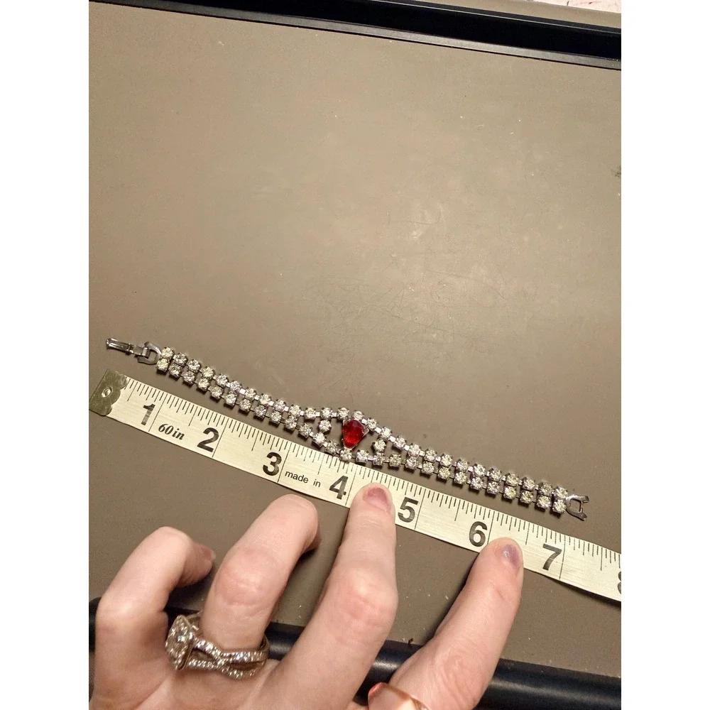 Vintage Silver Tone Red‎ Crystal Double Strand Rhinestone Bracelet 7 Inch